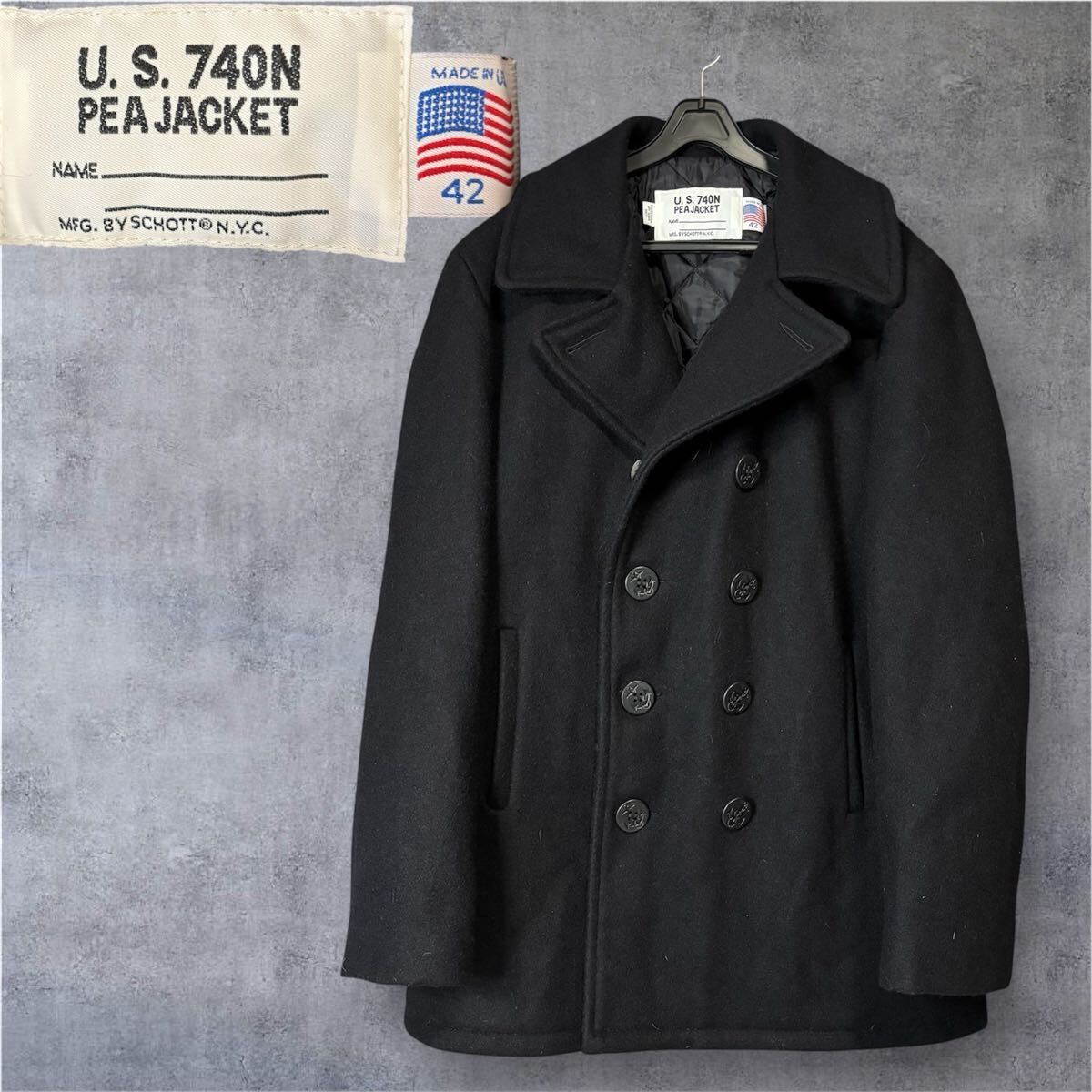 【SCHOTT】美品 ショットU.S. 740N PEACOAT ブラック 42 Schott NYC U.S. 740N PEACOAT 42 ブラック Schott Men's Classic Wool