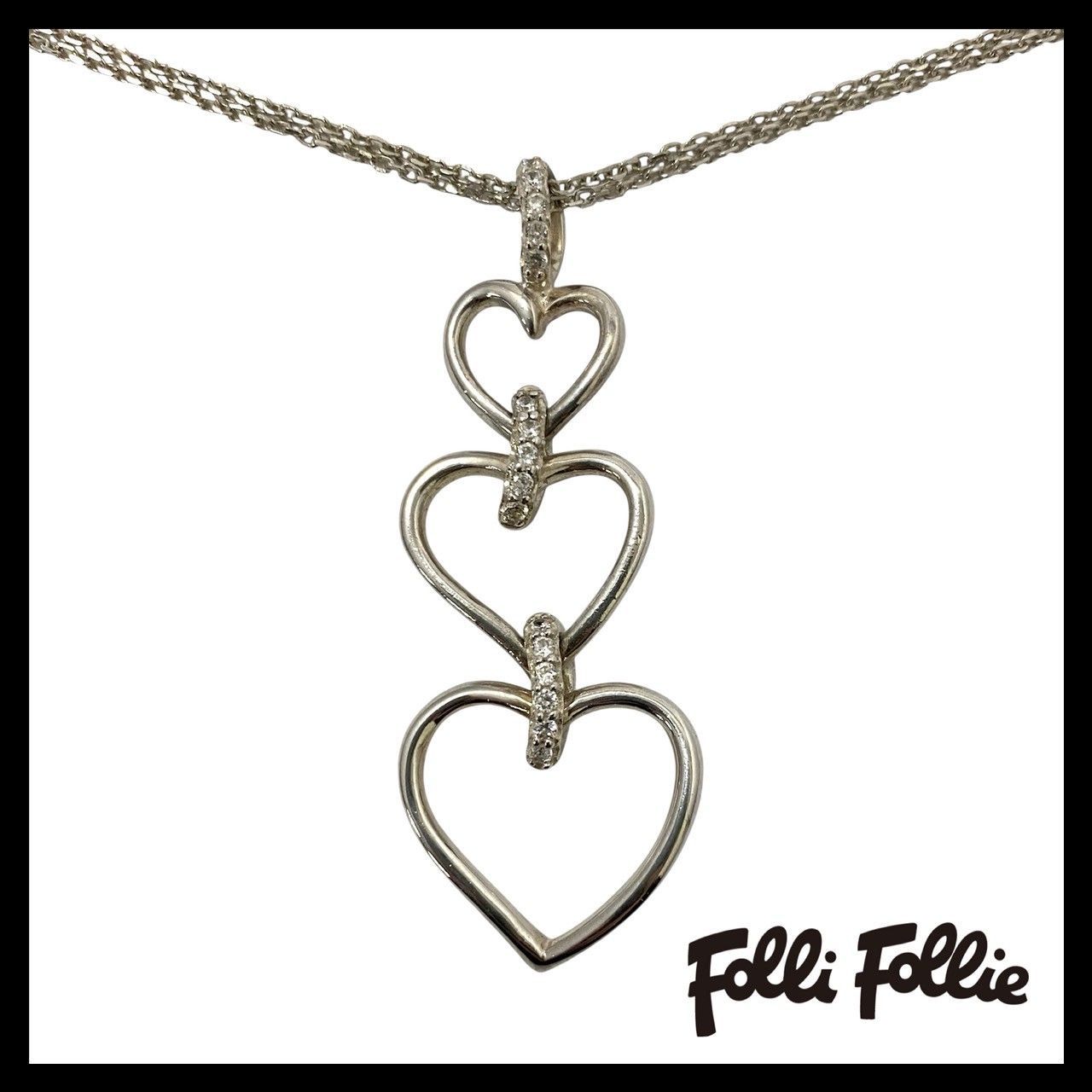 Y【Folli Follie】ハート 3連 ネックレス SV925 SILVER/シルバー 総 