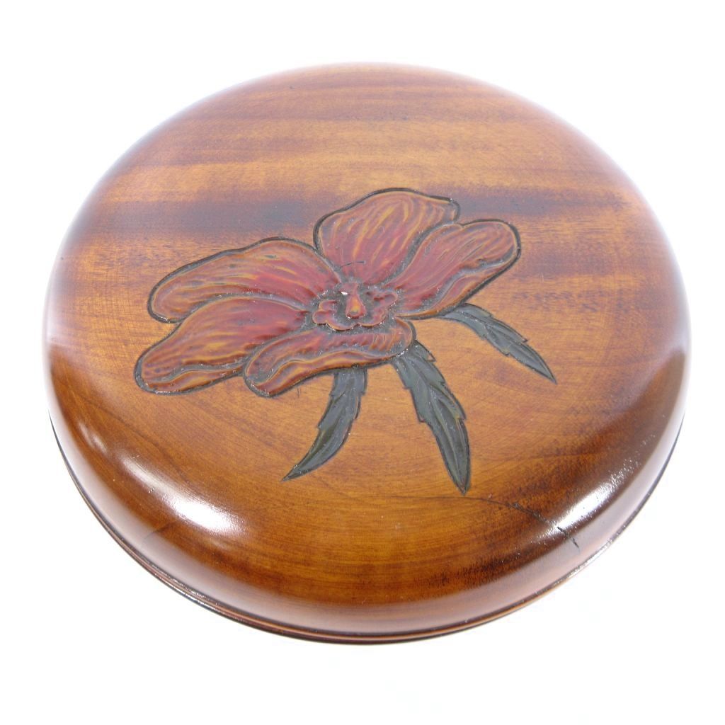 KF0675】茶櫃 烏城彫 盆 丸盆 皿 置物 在銘 彩色木彫 刻