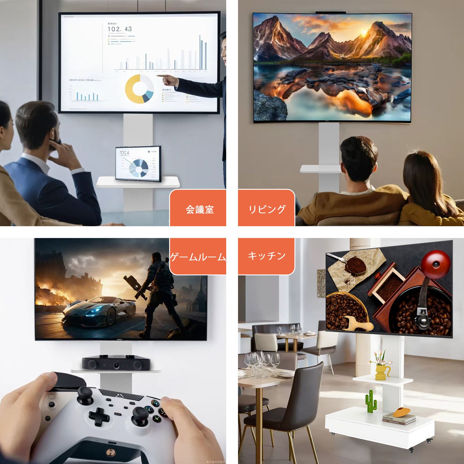 ホワイト 引き出し付きTVスタンド｜32-75インチ対応 高さ調整可能