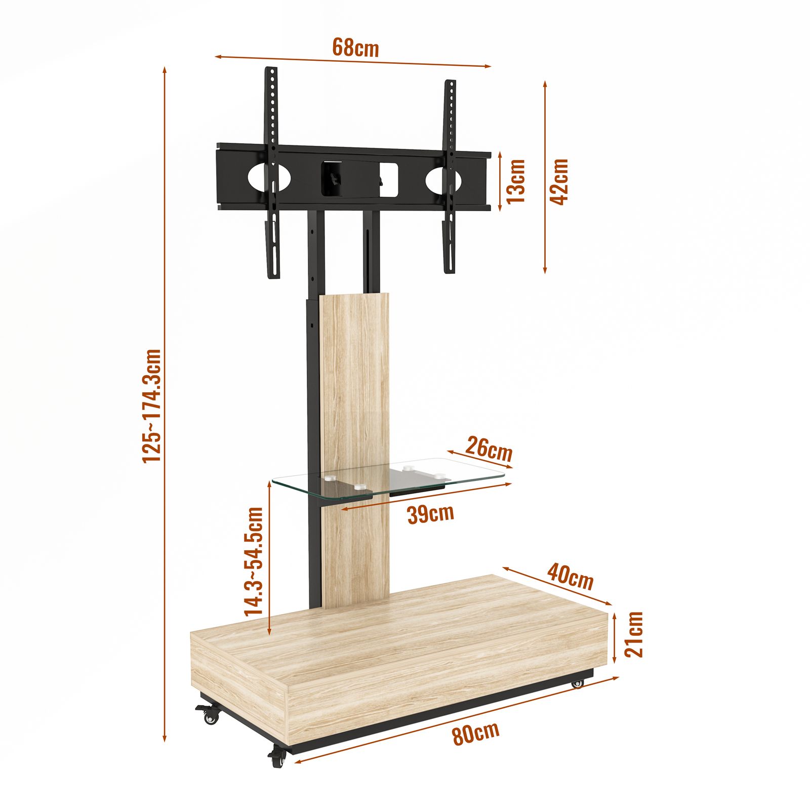 引き出し付き 可動式TVスタンド 32-75インチ対応 高さ調整可能ナチュラル 引き出し付き 可動式TVスタンド 32-75インチ対応 高さ調整可能 木目