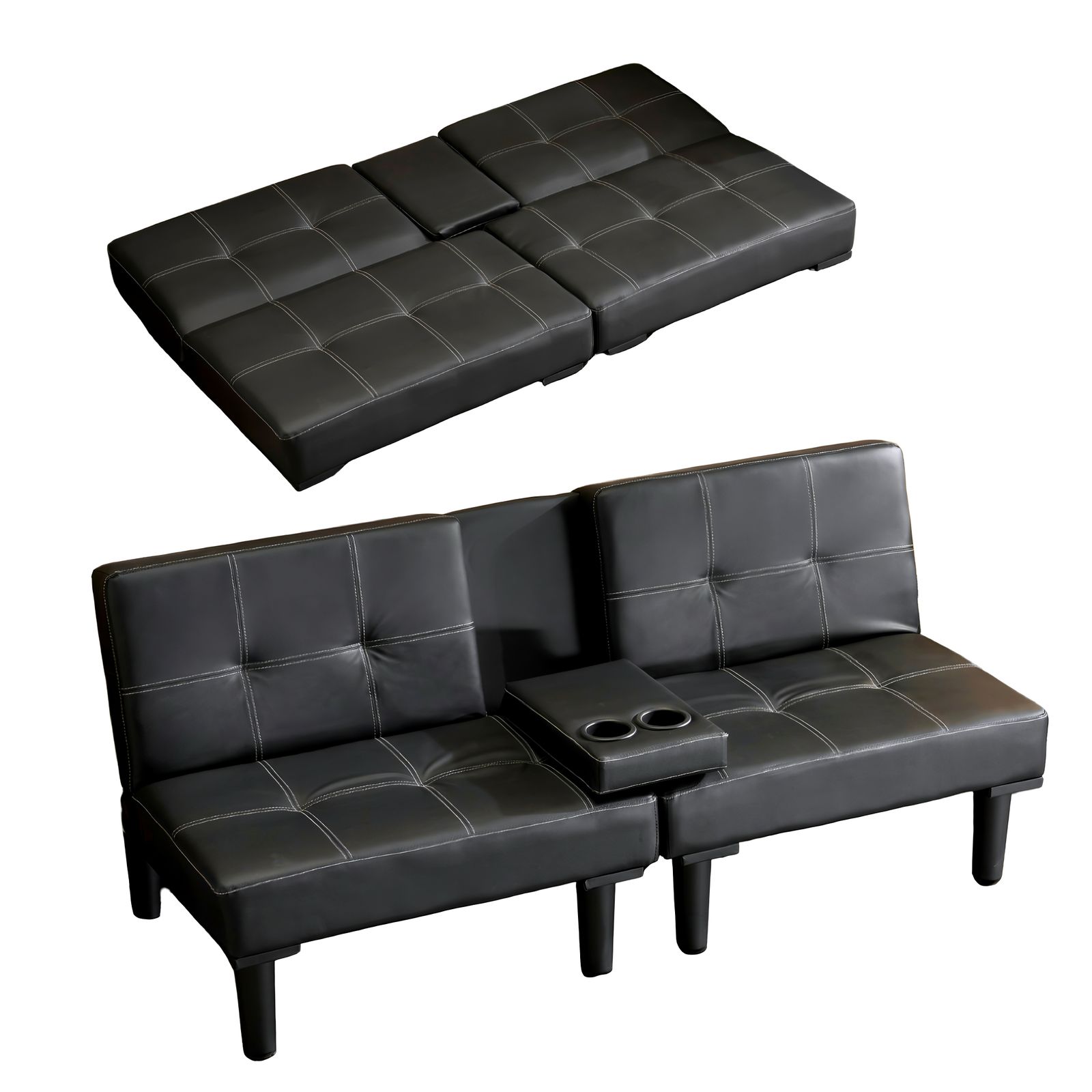ソファベッド　カップホルダー付き　背もたれ3段階　取付可能な脚　BLACK ソファベッド 幅183cm ドリンクホルダー付 ウイング （ ソファーベッド