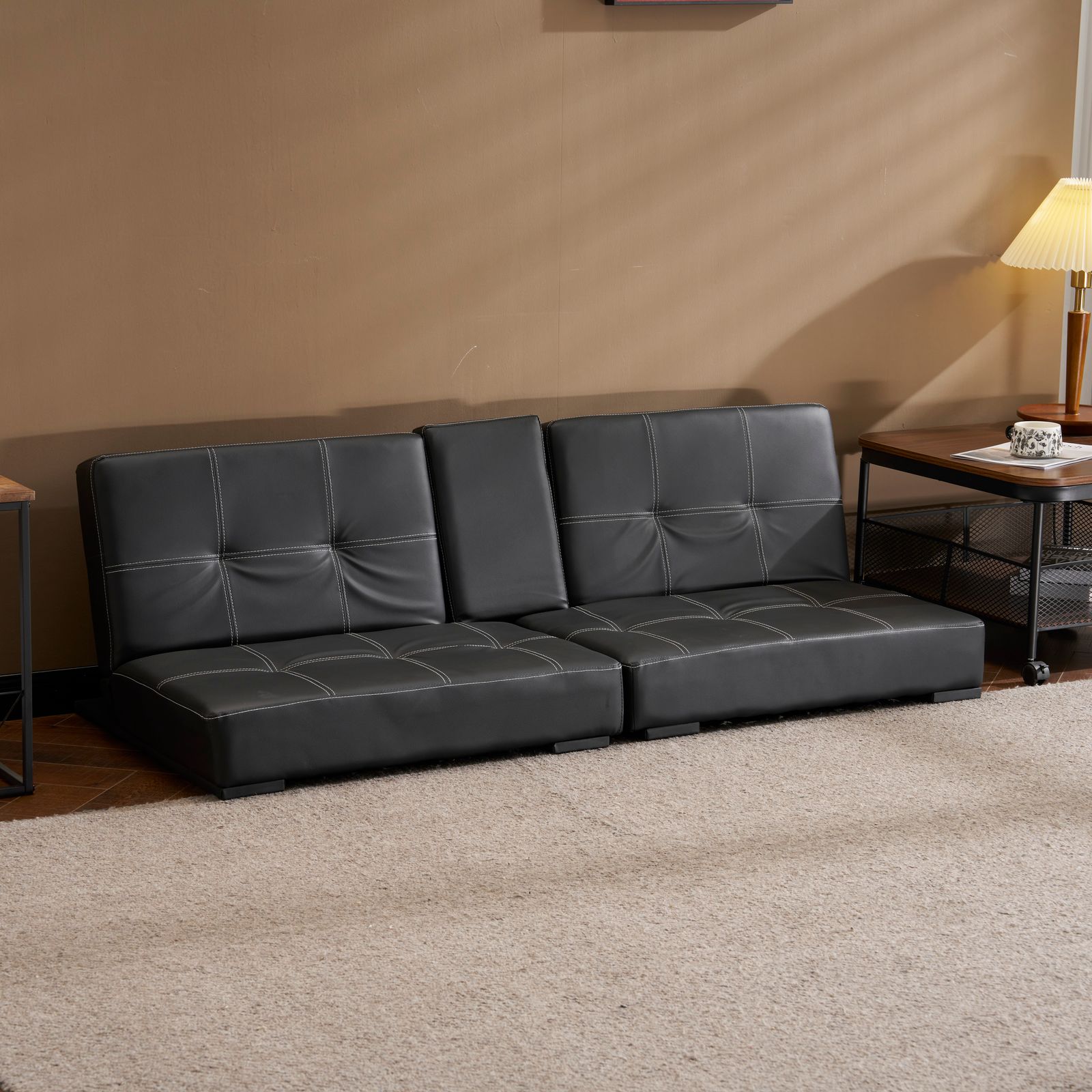 ソファベッド カップホルダー付き 2人PU リクライニングソファ 背もたれ3段階 ソファベッド カップホルダー付き 2人PU リクライニングソフ