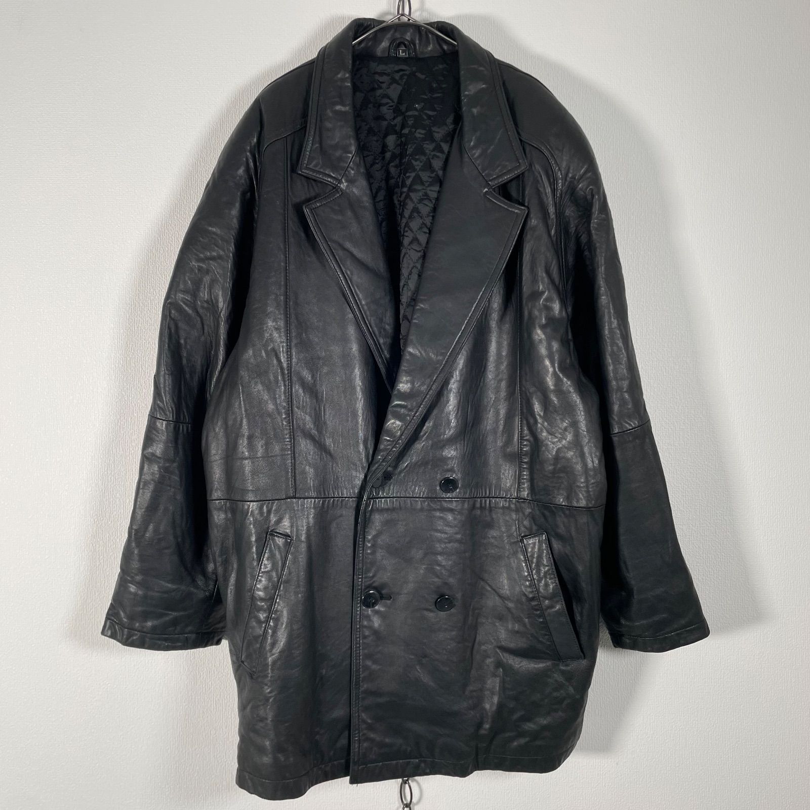 90s vintage 羊革 ロングコート 黒LL 裏ペイズリー イタリア産本革 Mods Italiana 90s Leather Trench Coat