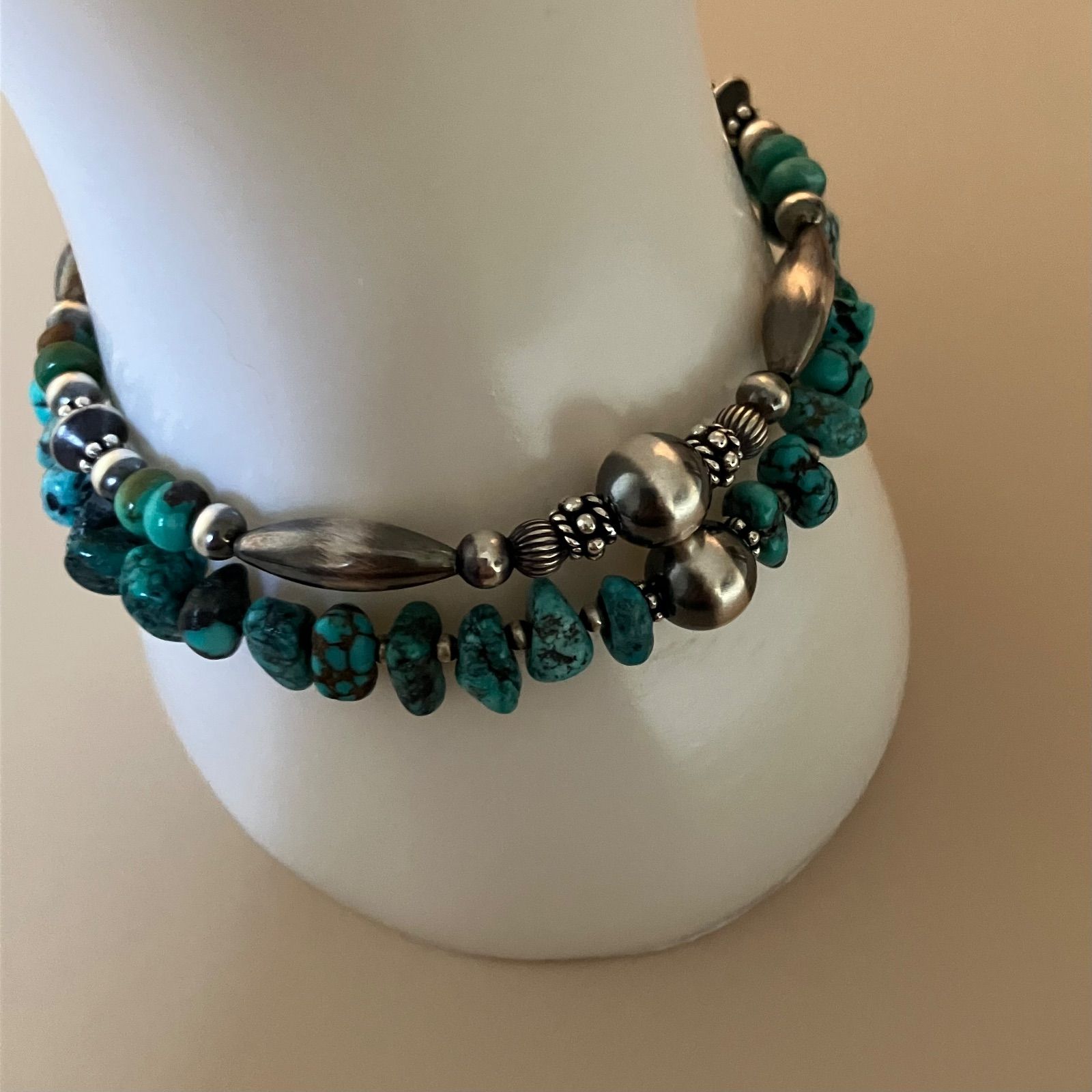 silver925ナバホパール×天然ターコイズのブレスレット 19cmメンズ ru