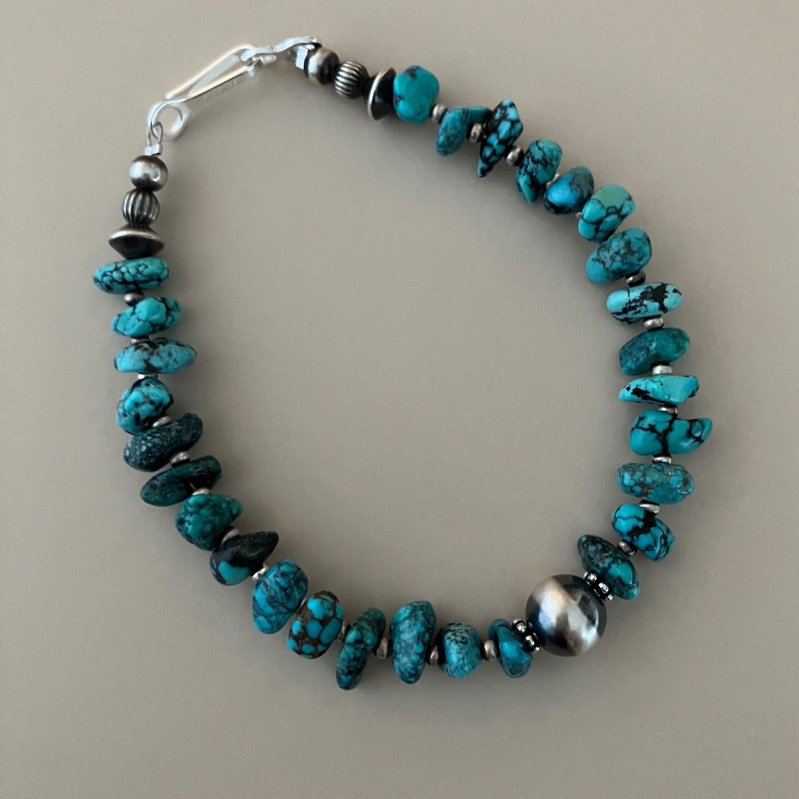 silver925ナバホパール×天然ターコイズのブレスレット 19cmメンズ ru