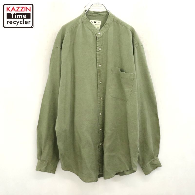 90s vintage Eddie Bauer AKA ノーカラー リネン 長袖シャツ メンズ
