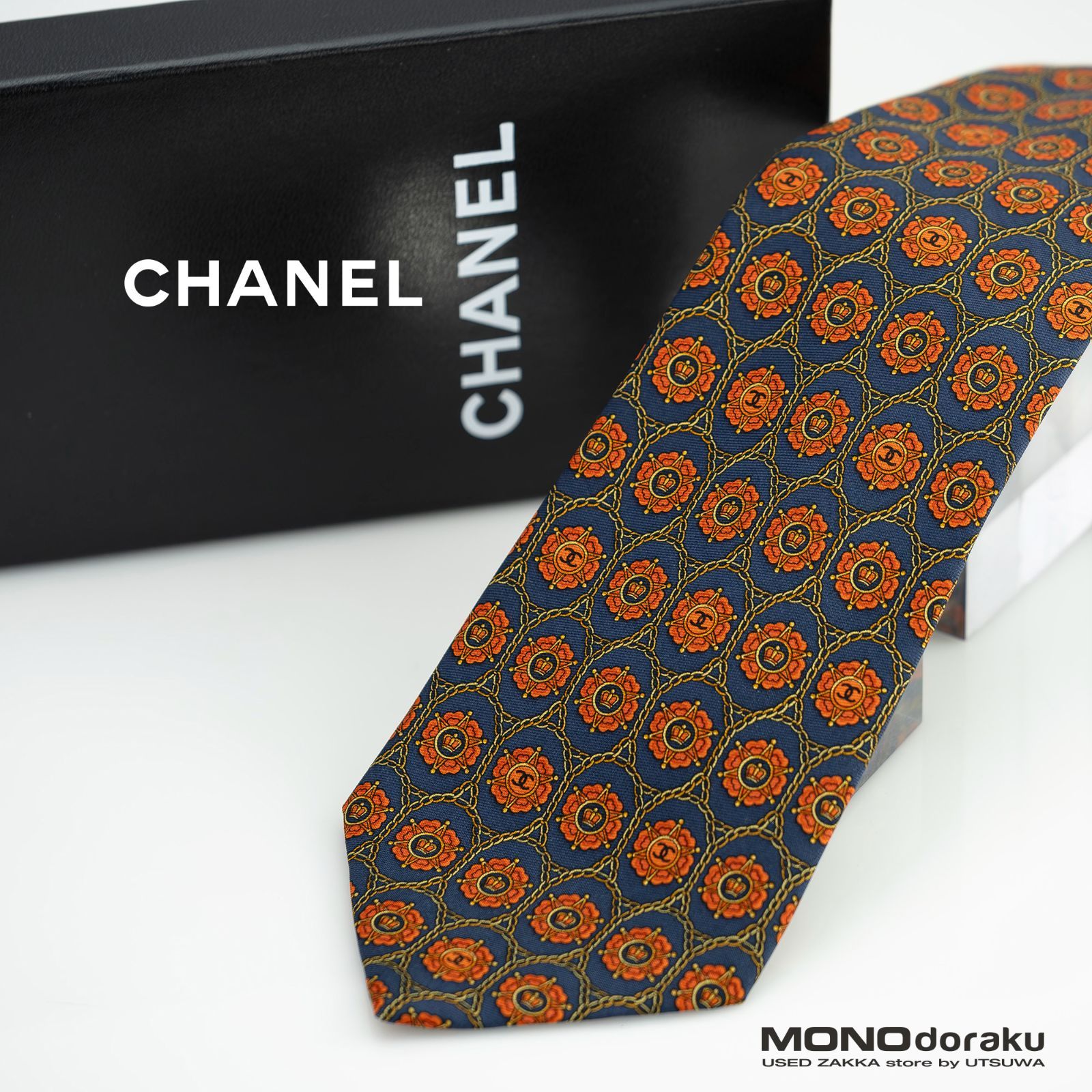 シャネル CHANEL ネクタイ 王冠 コイン チェーン 総柄 ネイビー系