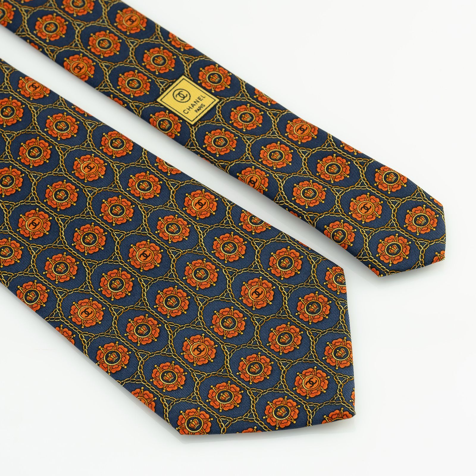 シャネル CHANEL ネクタイ 王冠 コイン チェーン 総柄 ネイビー系
