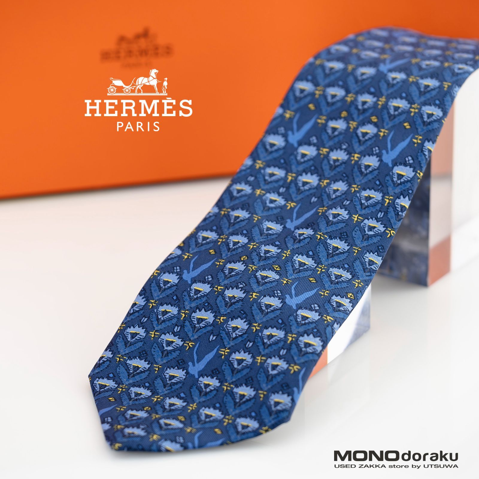 エルメス HERMES ネクタイ ブルー系 花柄モチーフ 鳥 フラワーパターン