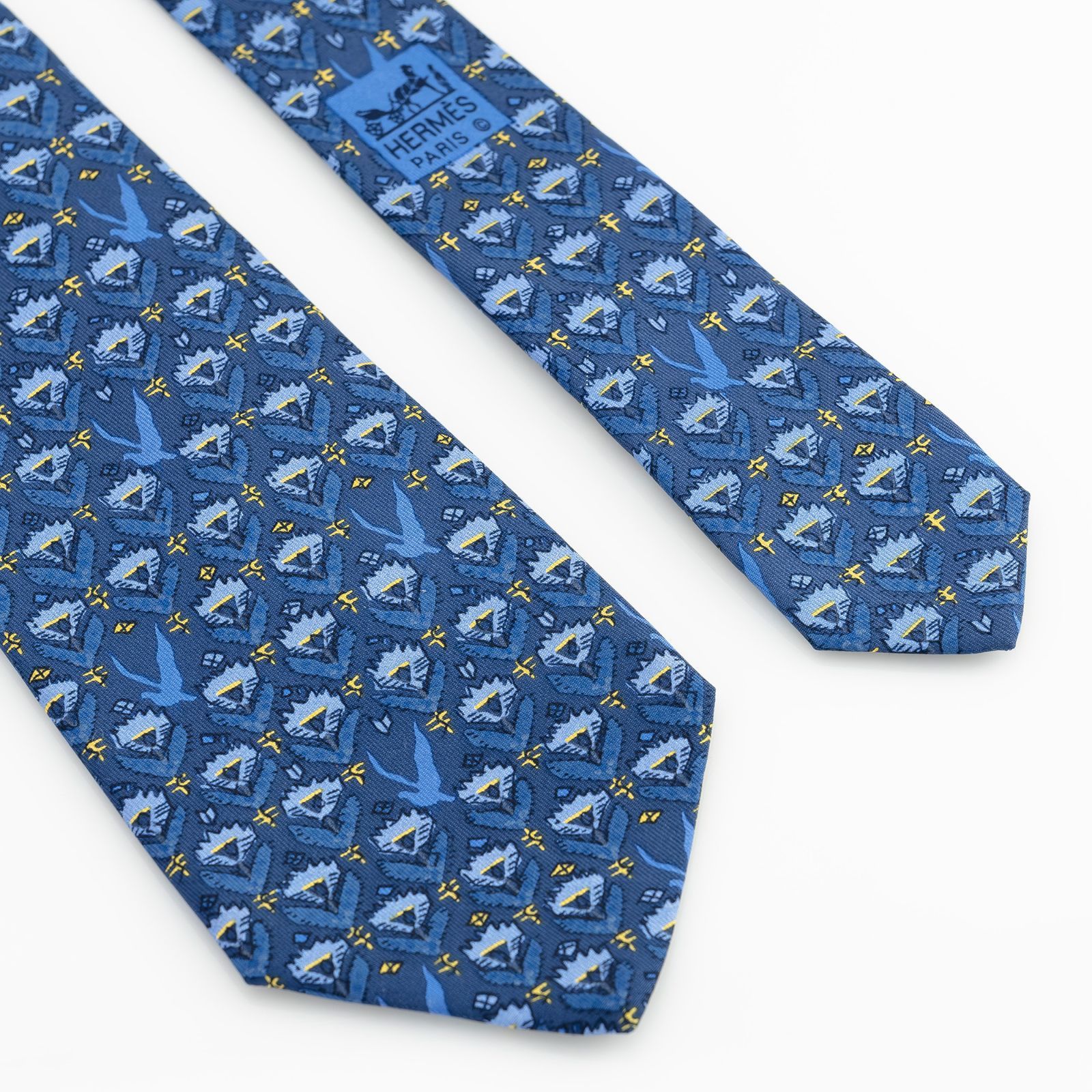 エルメス HERMES ネクタイ ブルー系 花柄モチーフ 鳥 フラワーパターン
