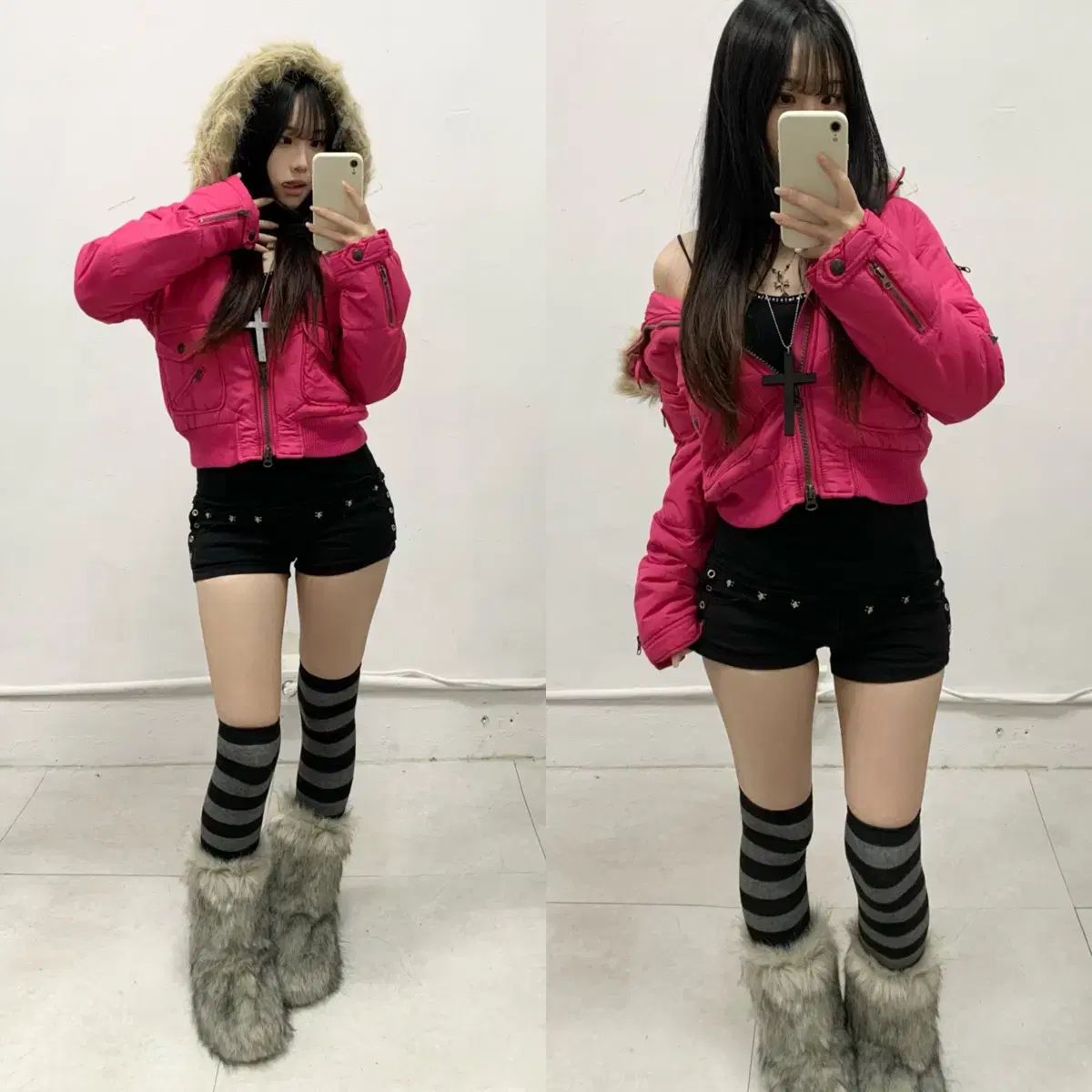 T T 配送 U ギャル y2k ウルフ丈 ピンク ショート ダウン ジャケット