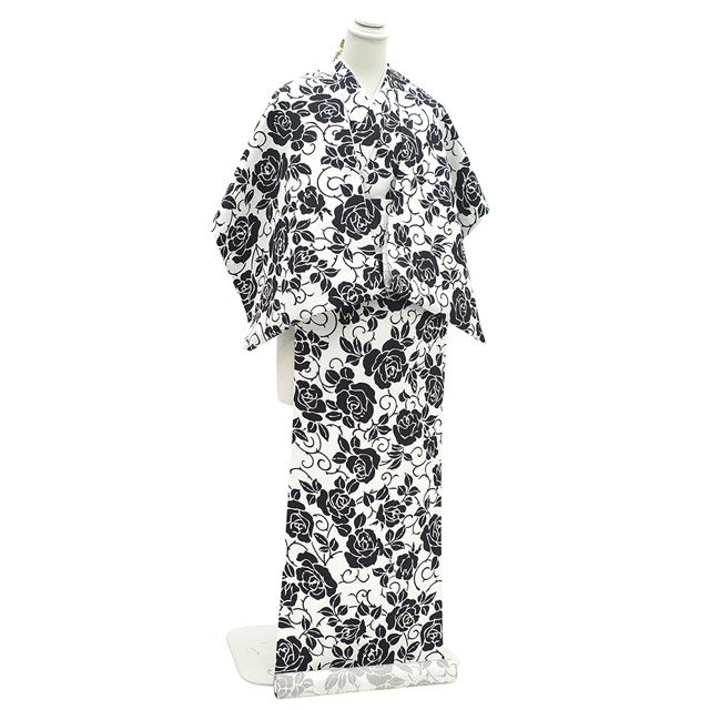 五月みどり 紬 訪問着 白 黒 落款 薔薇 ラメ 水玉 ドット バラ 新品】 平紬 着物 着尺 反物 紬 白 黒 モノトーン 薔薇 バラ 花 日本の