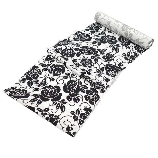 新品】 平紬 着物 着尺 反物 紬 白 黒 モノトーン 薔薇 バラ 花 日本の