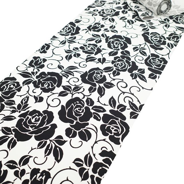 新品】 平紬 着物 着尺 反物 紬 白 黒 モノトーン 薔薇 バラ 花 日本の
