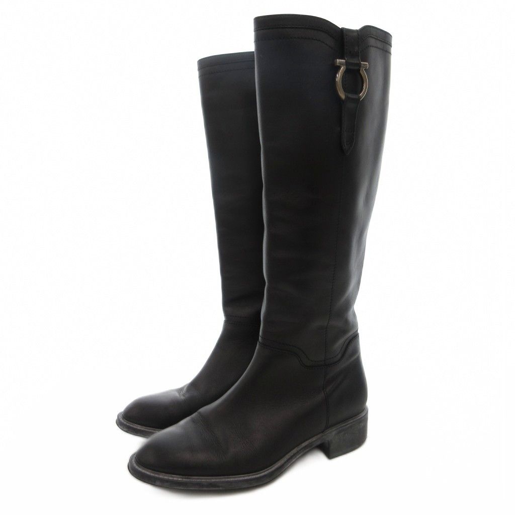 フェラガモ ガンチーニ 編み上げ ロングブーツ 7B 23cm レザー ブラック フェラガモ ガンチーニ 編み上げ ロングブーツ 7B 23cm レザー ブラック