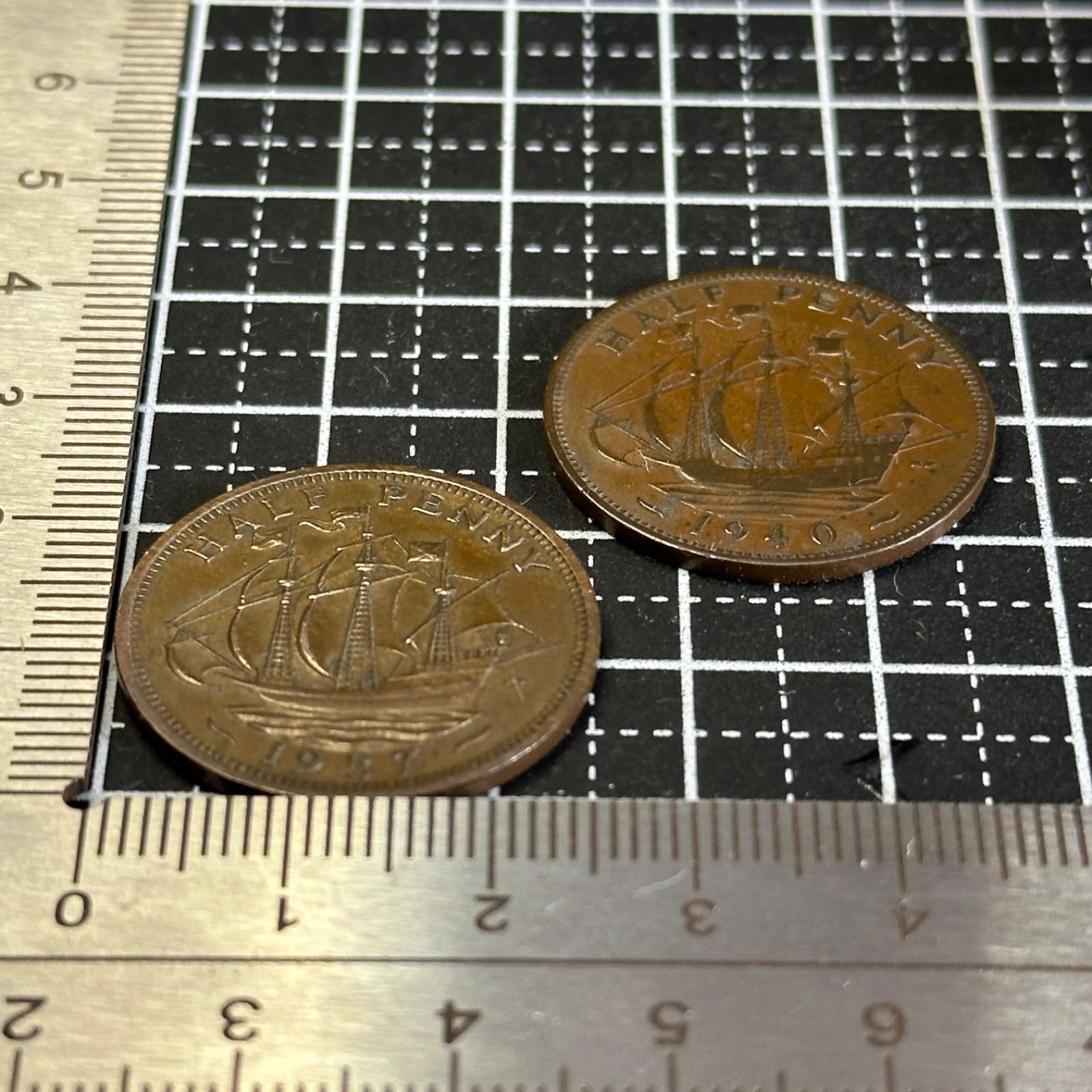 イギリス】1940年＋1957年 ハーフペニー 2枚セット／帆船ゴールデン