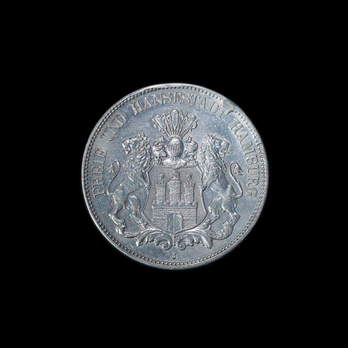 ドイツ帝国　ハンブルク　5マルク銀貨（1876年J）2頭のライオン ドイツ帝国 ハンブルク 5マルク銀貨（1876年J）2頭のライオン 外国
