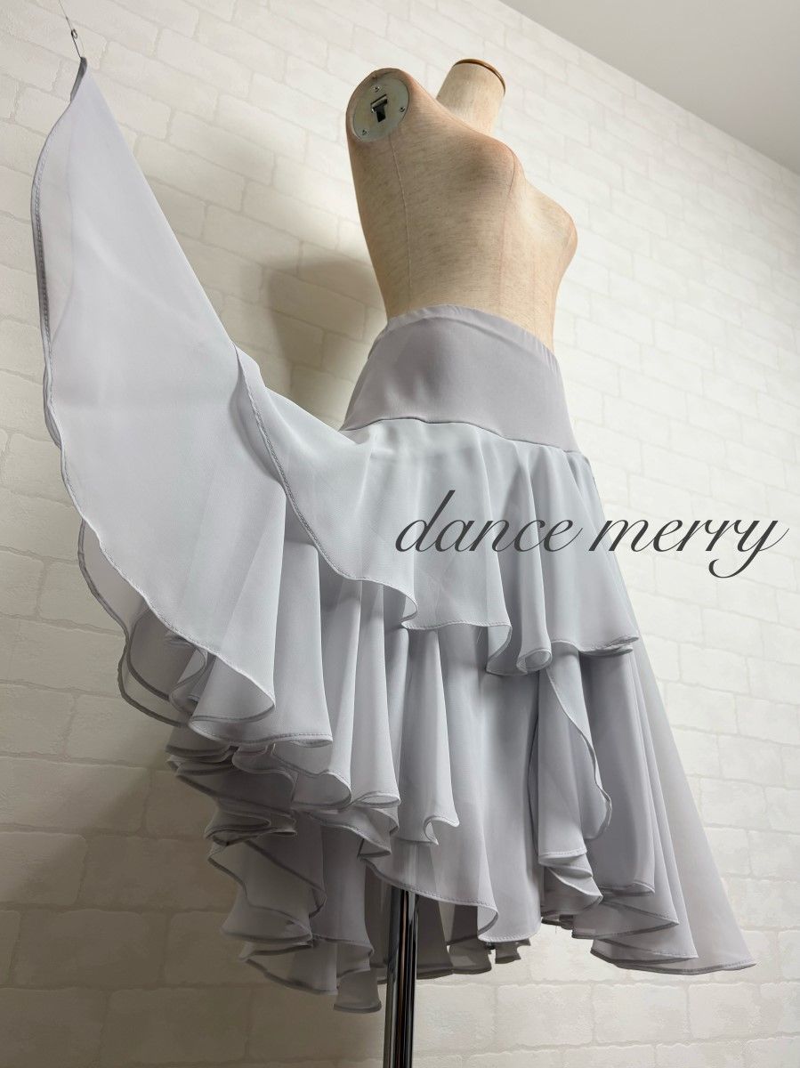 新品 社交ダンス スカート ラテン グレー 灰色 フリル パーティ 4606
