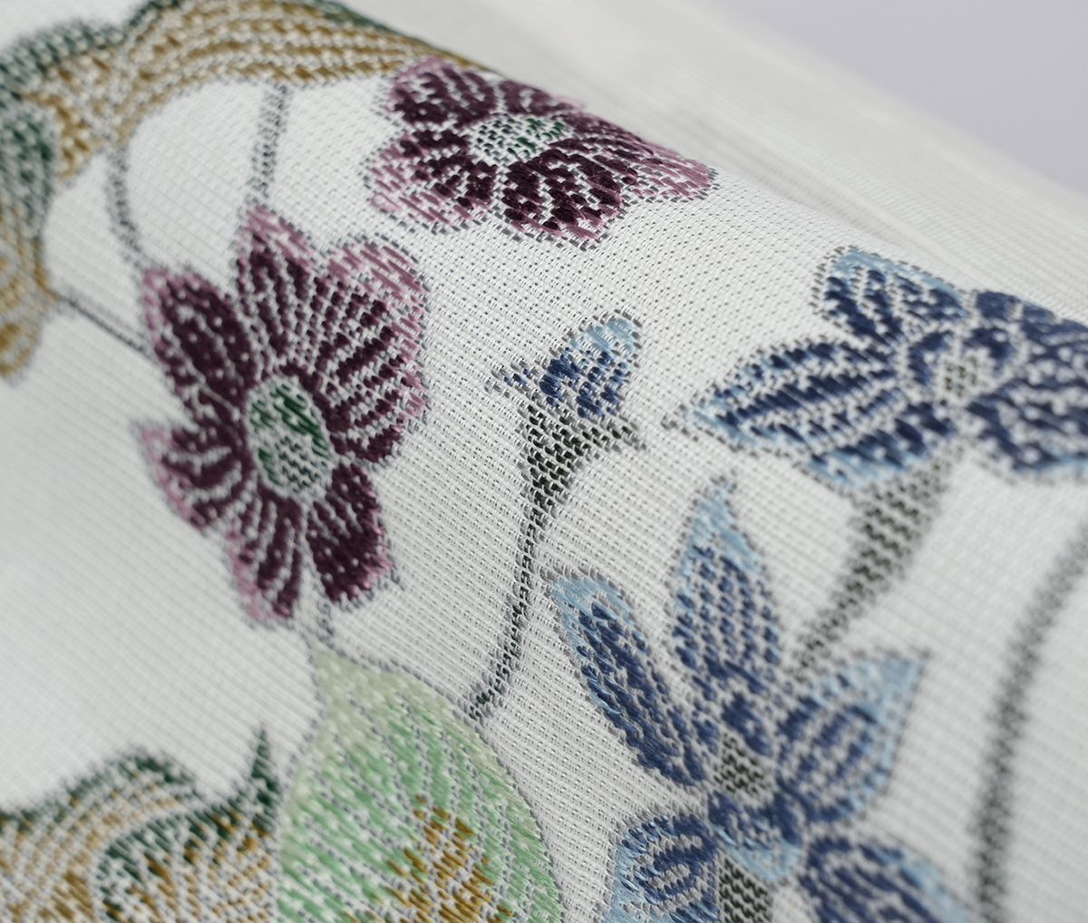 新品未仕立 西陣織 白綾苑大庭 単衣＆夏物 九寸名古屋帯 草花文 白地