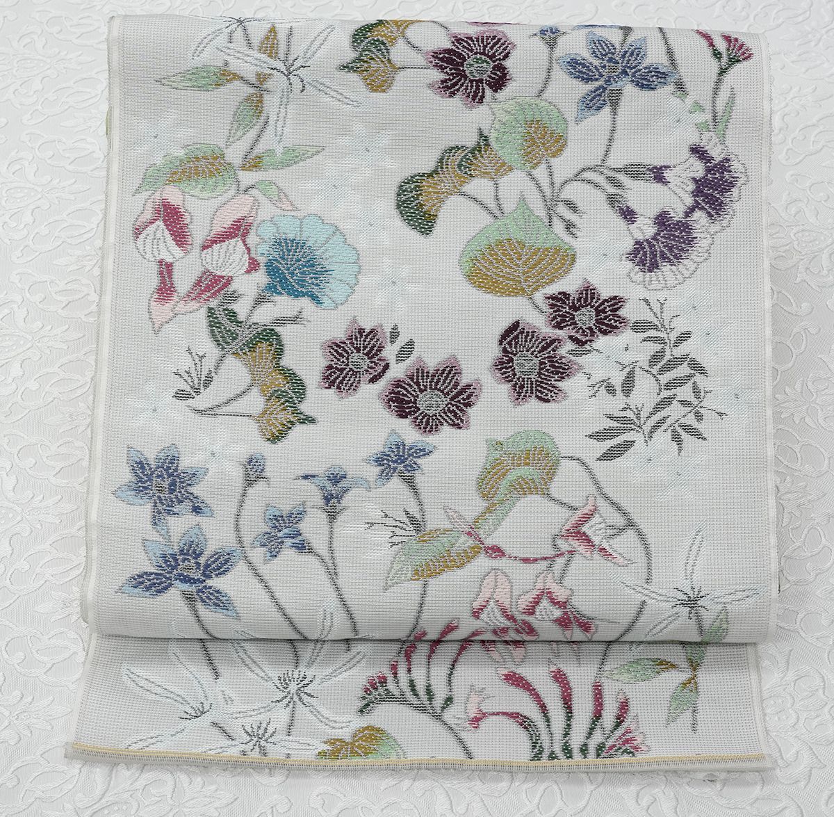 新品未仕立 西陣織 白綾苑大庭 単衣＆夏物 九寸名古屋帯 草花文 白地