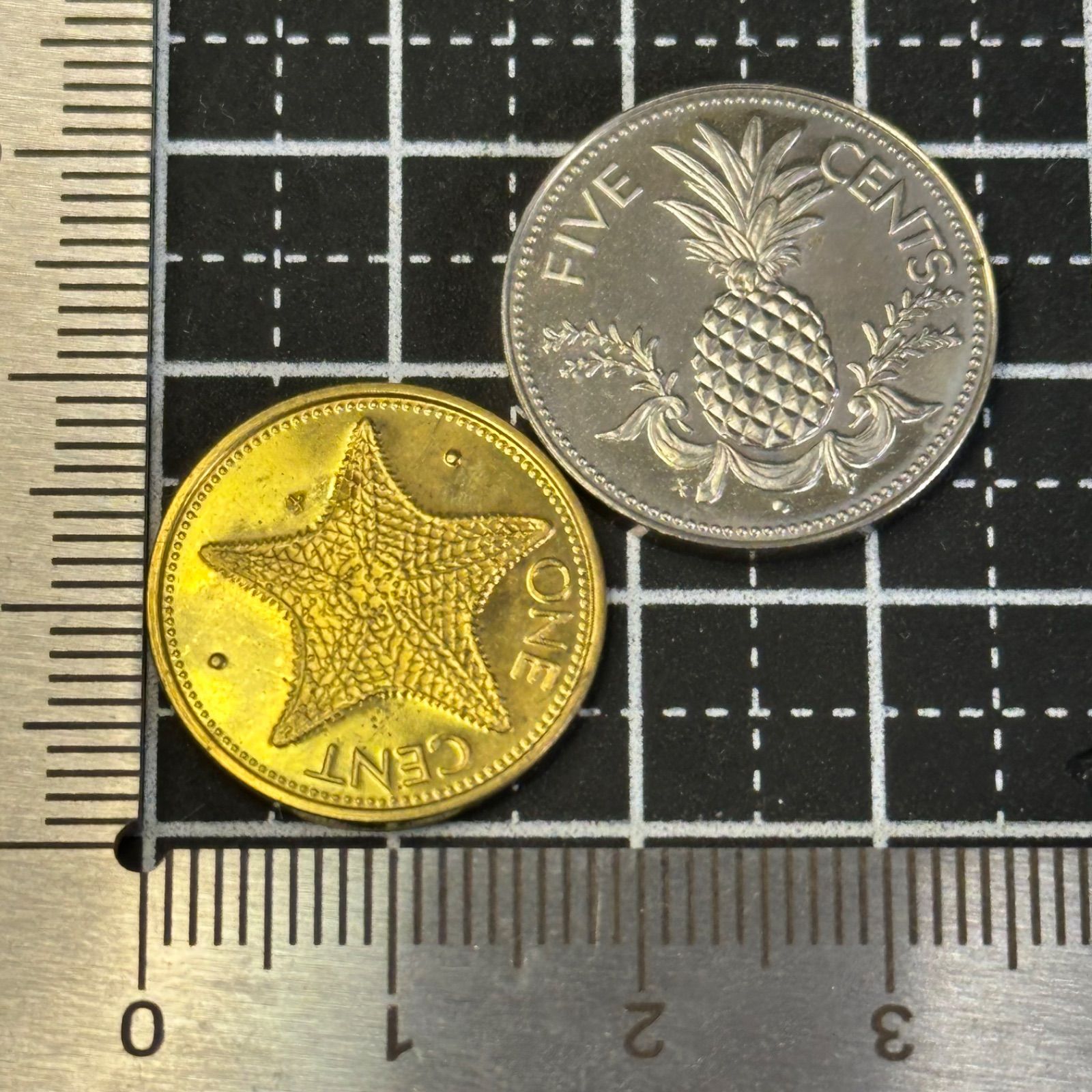 バハマ硬貨2枚】1977年 5セント＆1セント／パイナップルとヒトデ 英