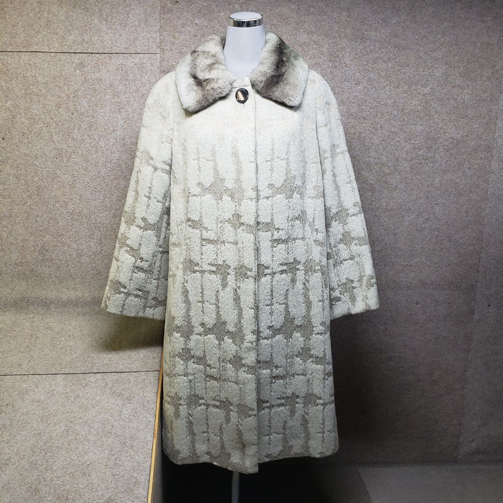 HANAE MORI ファー襟付き ロングコート 総柄 ウール混 ライトグレー系