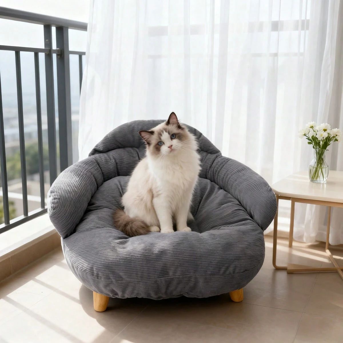 【5%OFFクーポン配布中】高さのある猫用ベッド、木製の布張り、ふわふわのペット用ソファ、室内猫、子猫、ラウンジチェア、犬や猫用の家具に適しています（グレー XL）