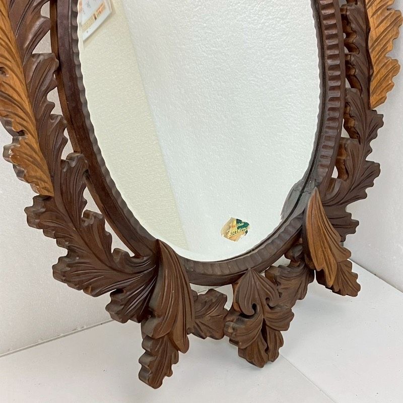 壁掛けミラー 木製 鏡 インテリア 昭和レトロ 当時物 昭和レトロ 木彫り 壁掛けミラー 高さ62cm ウォールミラー