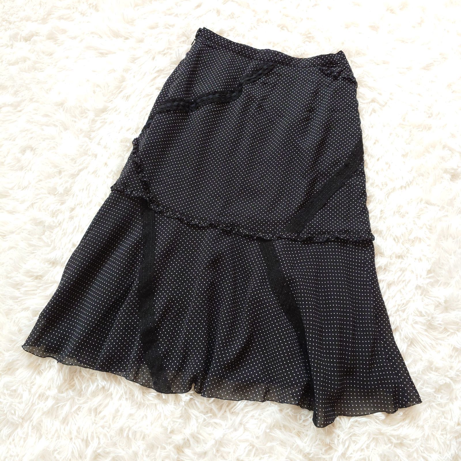 美品 インゲボルグ INGEBORG ロングスカート ドット柄 レース リボン