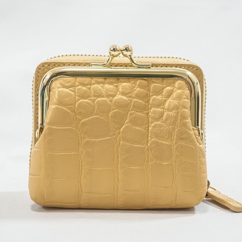 【新品未使用】三宝　マットクロコダイル　ショルダーウォレット　財布　ゴールド　金 ☆未使用級☆ 三宝 クロコダイル がま口 財布 ゴールド CITES対応 本