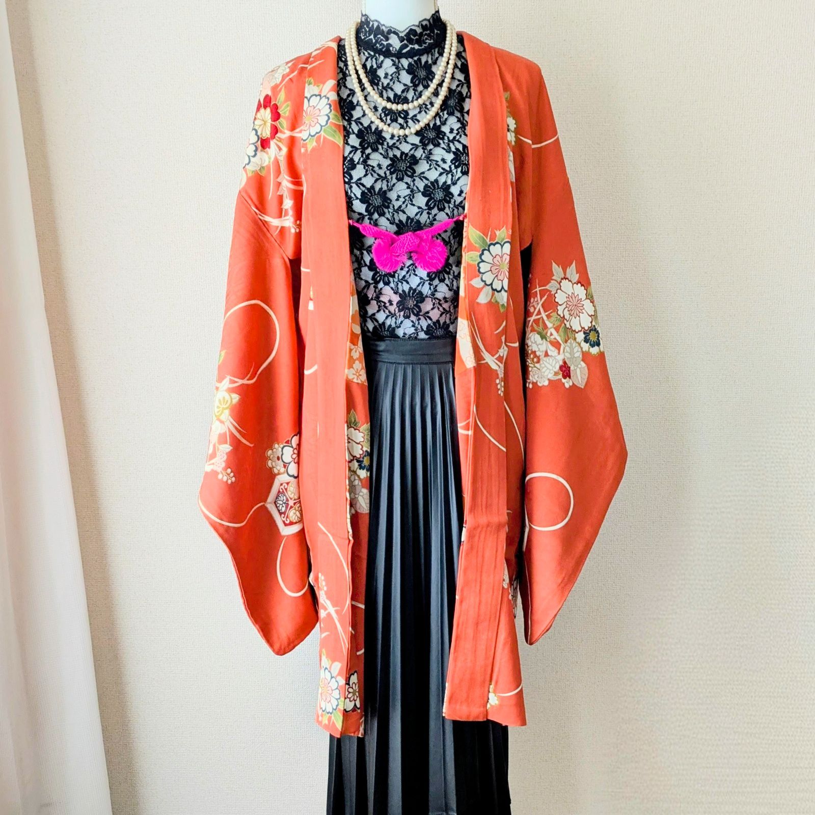 Japanese Vintage Haori Floral pattern Silk Kimono Jacket Old