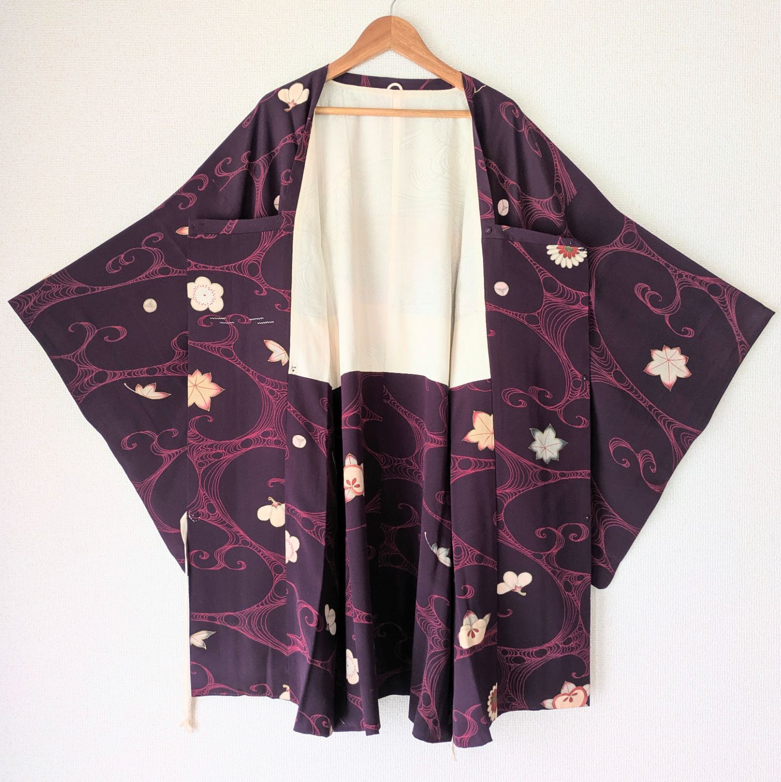 Japanese Haori coat Michiyuki Dark purple Floral pattern Silk