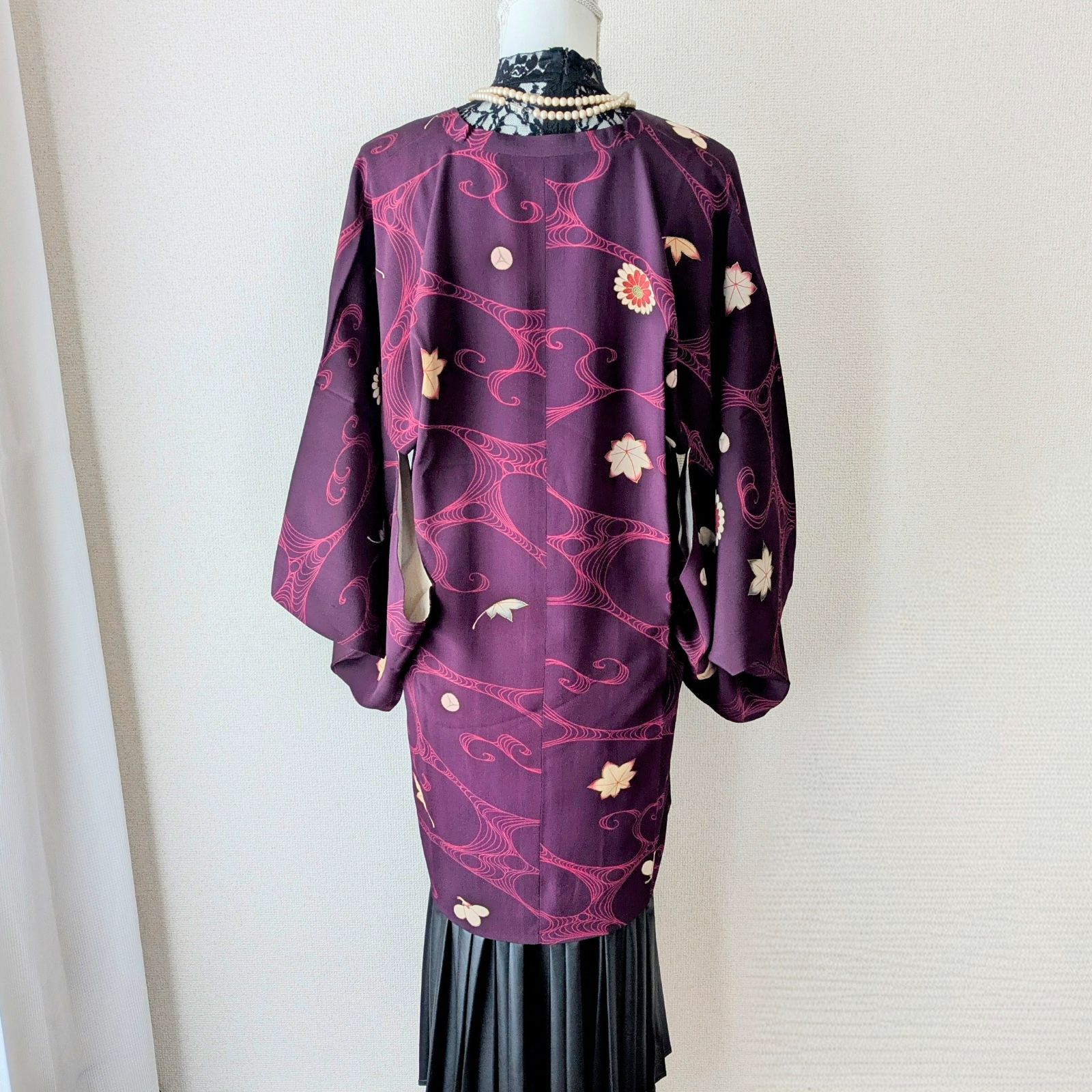 Japanese Haori coat Michiyuki Dark purple Floral pattern Silk