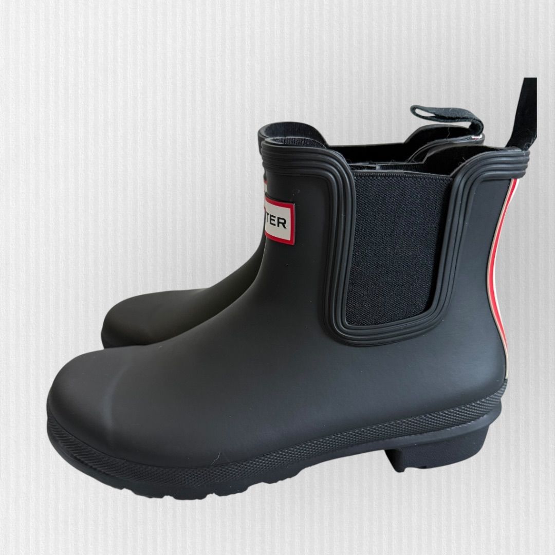 未使用級 HUNTER ロゴ バックストラップブーツ サイドゴア レインブーツ 未使用級】ハンター サイドゴア オリジナルチェルシー ロゴ バック