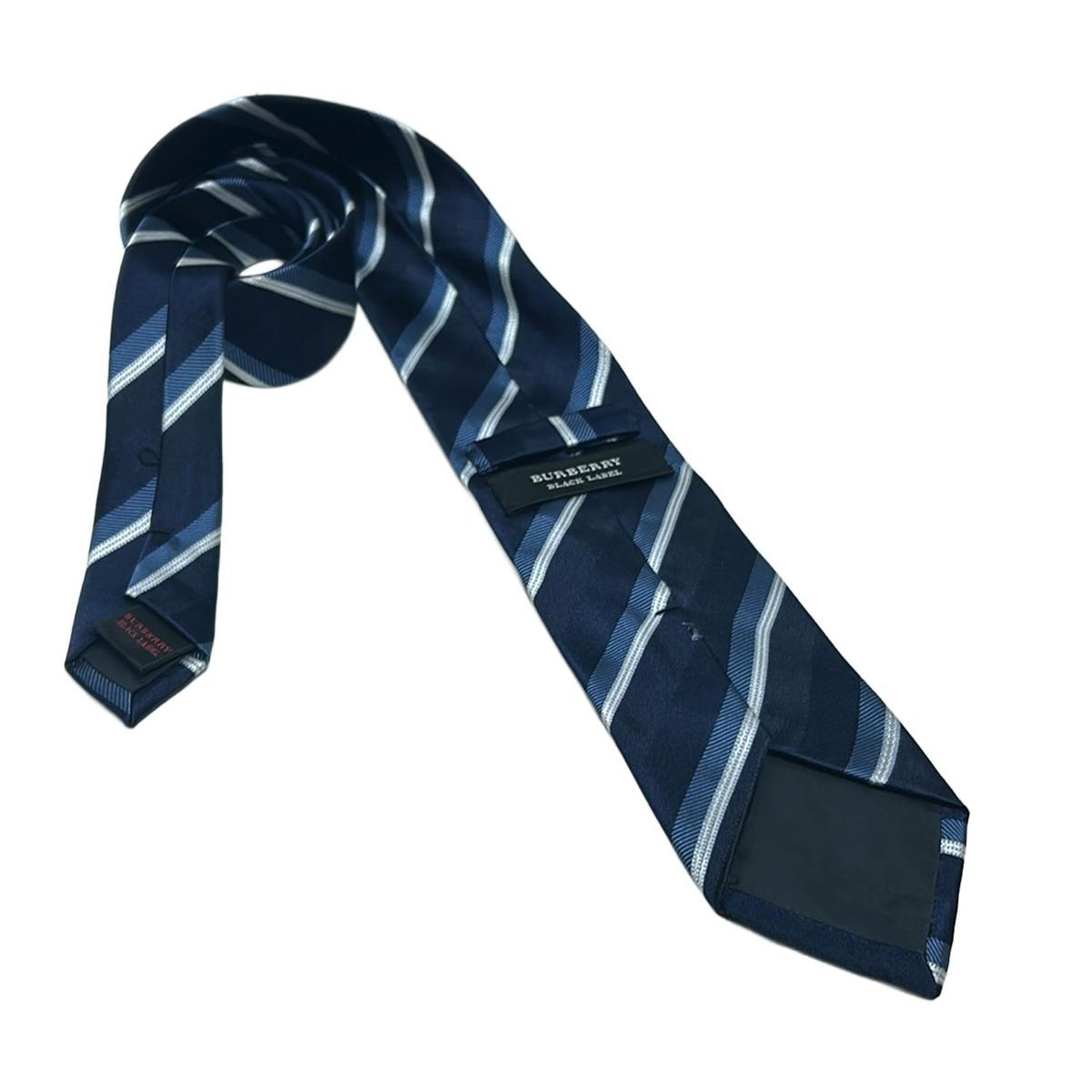 【美品】バーバリーブラックレーベル ナロータイ ネイビー ブラウン ストライプ 美品】バーバリーブラックレーベル ナロータイ ネイビー ブラウン