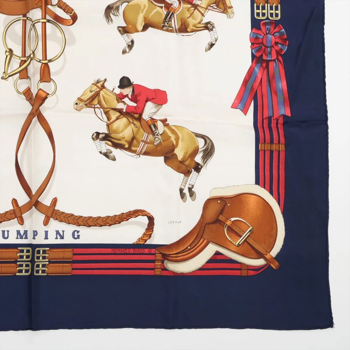 美品 エルメス カレ 90 jumping スカーフ ネイビー 紺 シルク