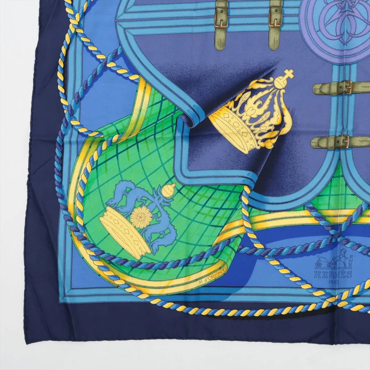 美品 エルメス カレ 90 GRANDE TENUE 馬の礼装 スカーフ ネイビー 紺