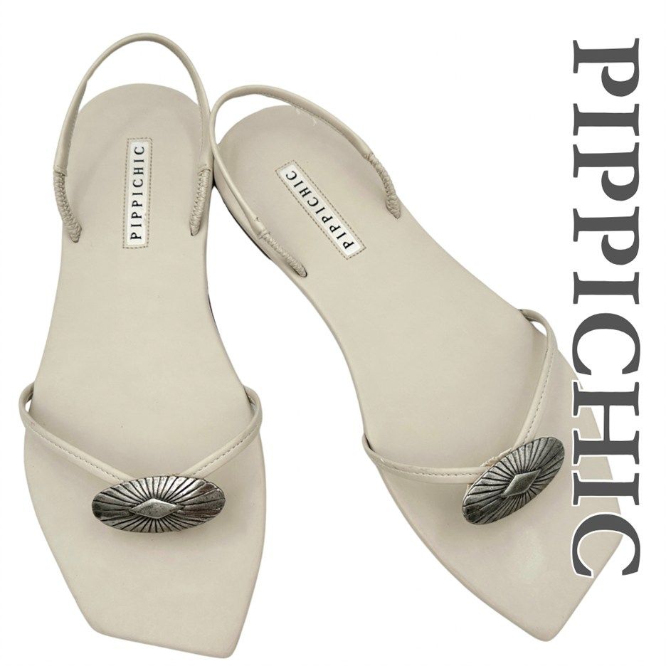 ■稀有■ PIPPICHIC 人字拖涼鞋 附鈕扣 L 碼 平底 米白色 1744T 的縮圖
