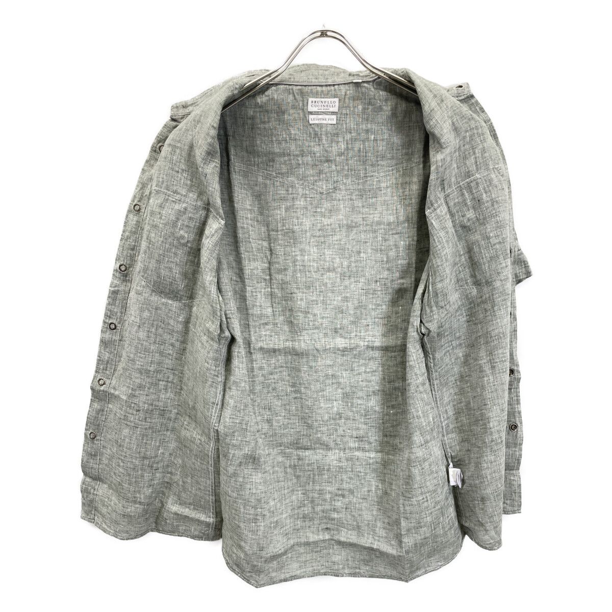 BRUNELLO CUCINELLI ブルネロクチネリ ｸﾞﾚｰ ﾘﾈﾝ100 ｼｮｰﾄｽﾘｰﾌﾞｽﾅｯﾌﾟﾎﾞﾀﾝ