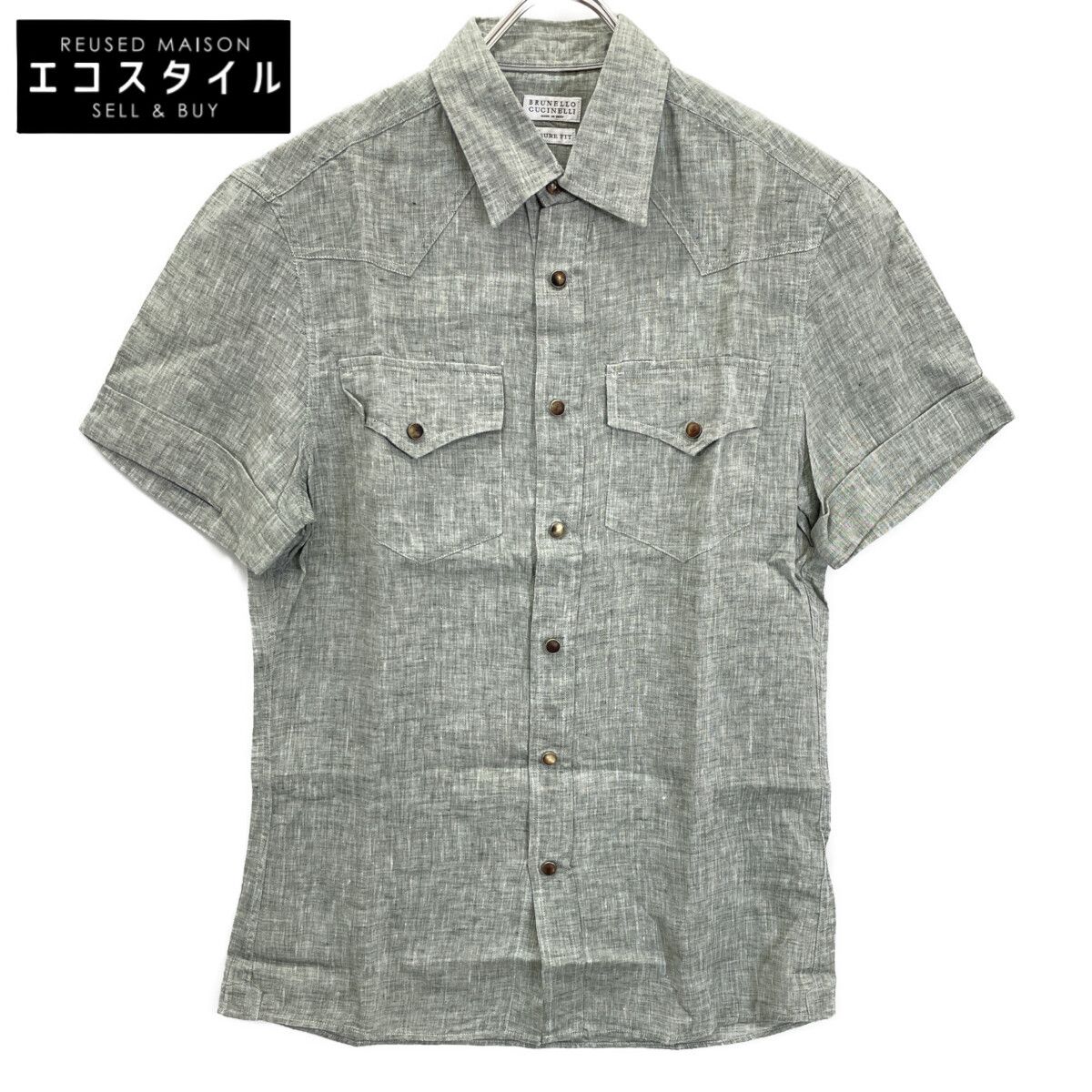 BRUNELLO CUCINELLI ブルネロクチネリ ｸﾞﾚｰ ﾘﾈﾝ100 ｼｮｰﾄｽﾘｰﾌﾞｽﾅｯﾌﾟﾎﾞﾀﾝ