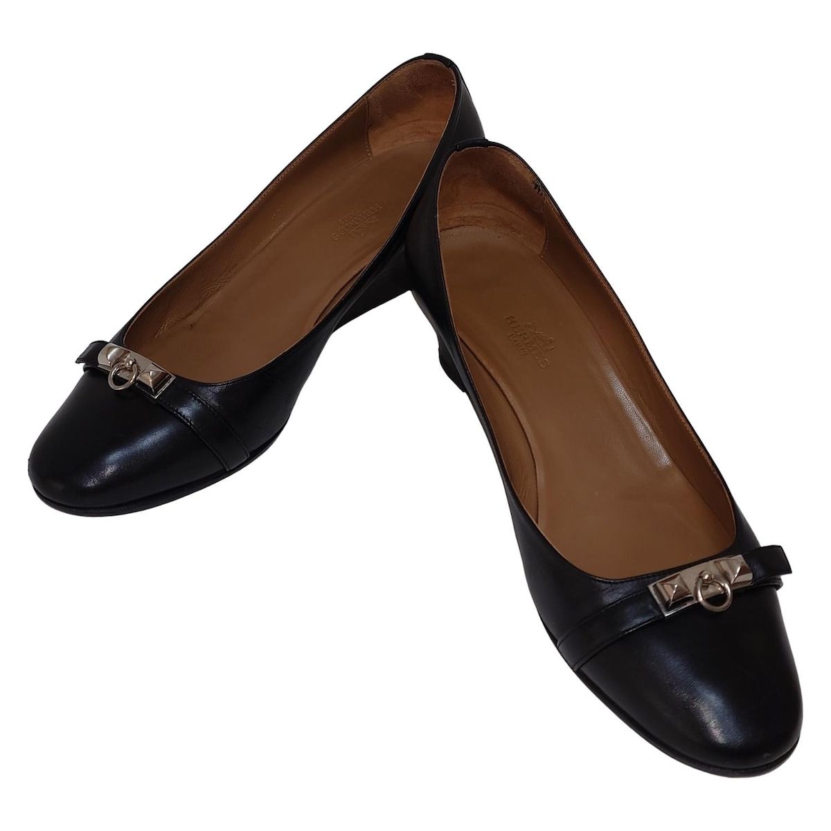 HERMES パンプス シルバー金具 37.5(24cm) ブラック スエード HERMES(エルメス) パンプス 39 レディース - 黒 シルバー金具/ウェッジ