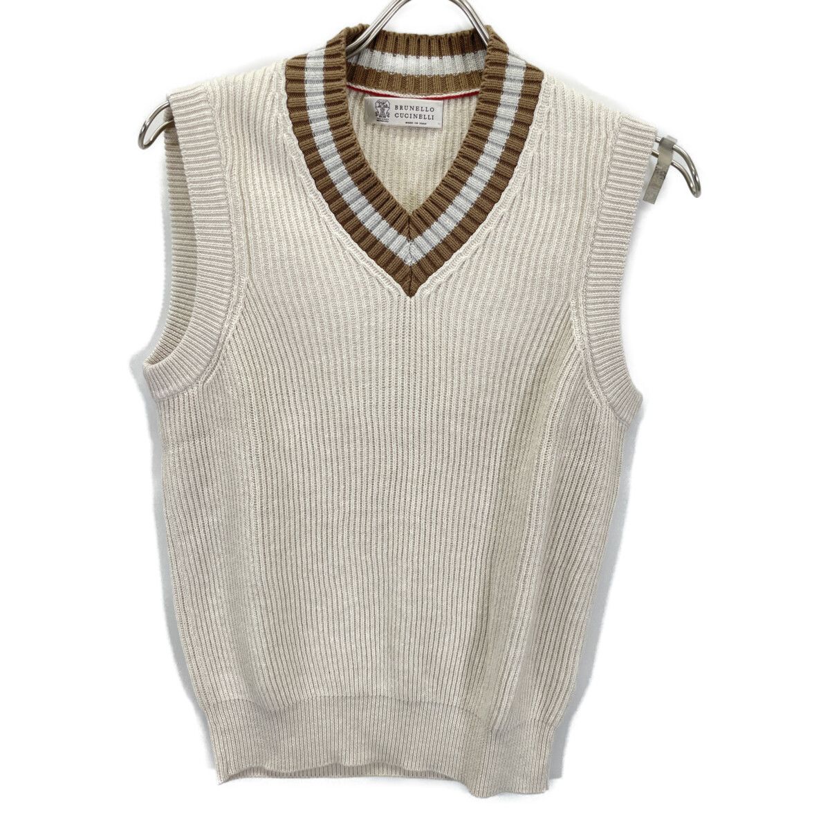美品 イタリア製 ブルネロクチネリ ベスト ニット コットン アイボリー L相当 BRUNELLO CUCINELLI ブルネロクチネリ ｱｲﾎﾞﾘｰ ｺｯﾄﾝ Vﾈｯｸﾆｯﾄﾍﾞｽﾄ 44