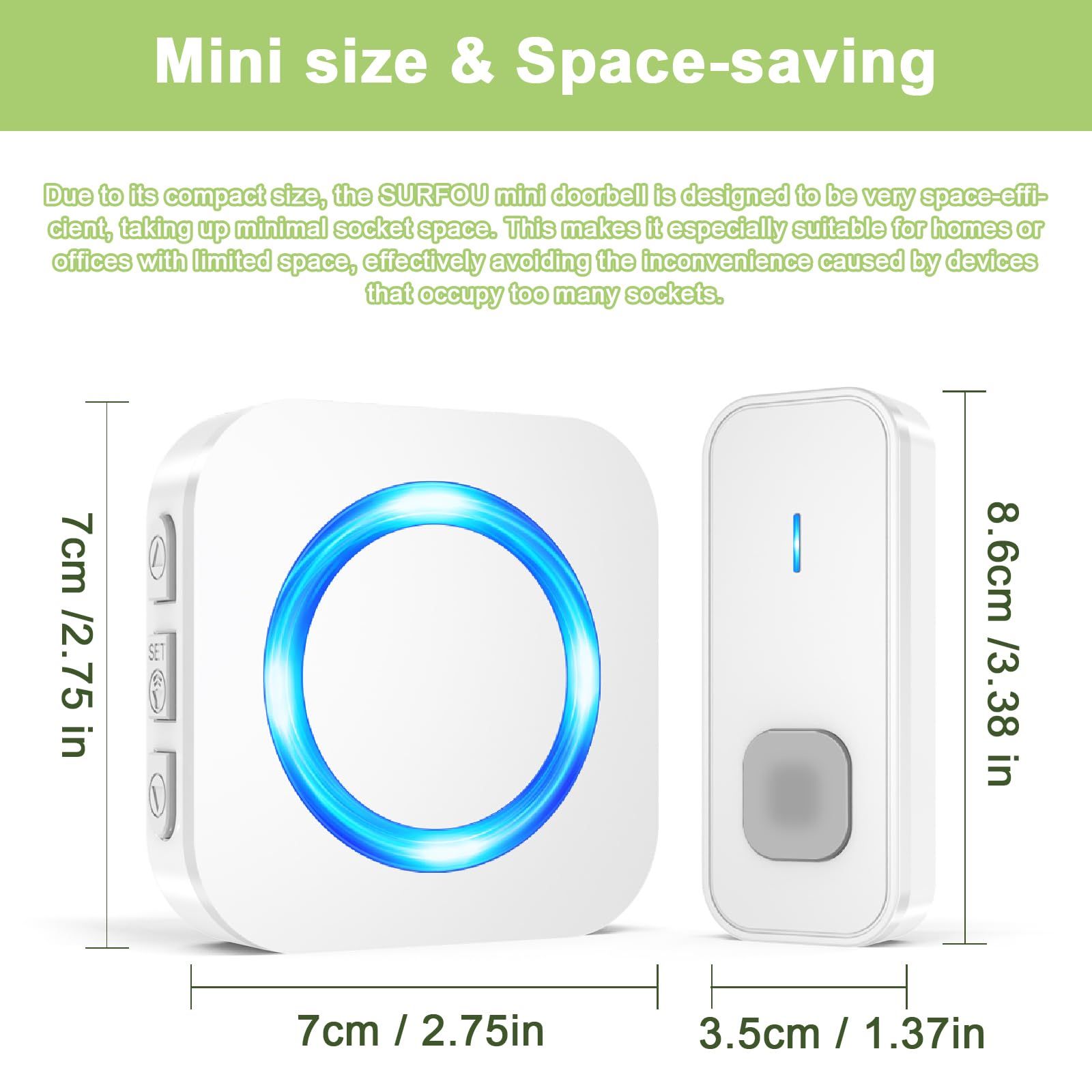 SURFOU ワイヤレスチャイム 玄関チャイム 呼び鈴 300 M無線範囲 ミュート 工事不要 送信機 電池式 受信機 コンセント式 IP 55防水 防塵 5段階音量調節