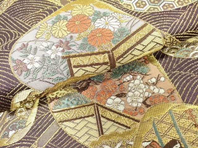 平和屋着物▽六通柄袋帯 唐織 貝合わせ平安人物文 金糸 正絹 逸品