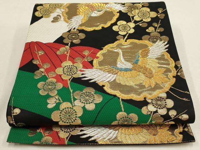 平和屋着物▽六通柄袋帯 雪輪飛鶴花文 黒地 金銀糸 正絹 逸品