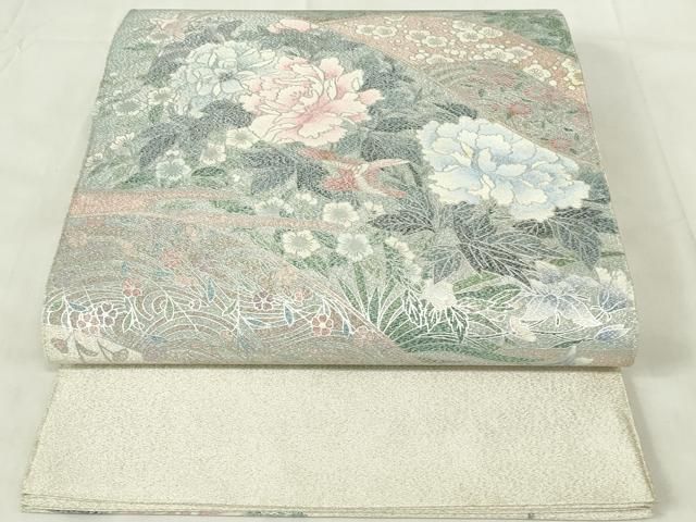 平和屋着物◎明綴れ 太鼓柄袋帯 重ね山花鳥文 銀彩 正絹 逸品 未使用