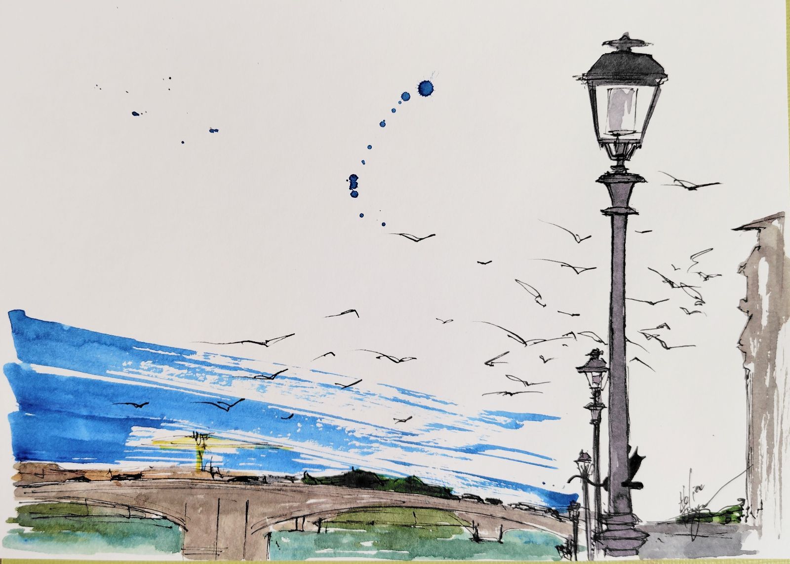 原画#104 フィレンツェ イタリア 黒猫 水彩画 ドローイング インテリア