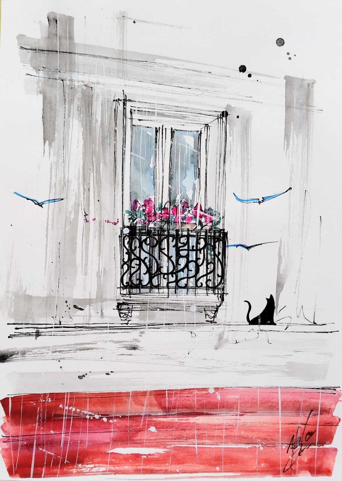 原画#105 黒猫 鳥 雨 パリ フランス 水彩画 ドローイング インテリア