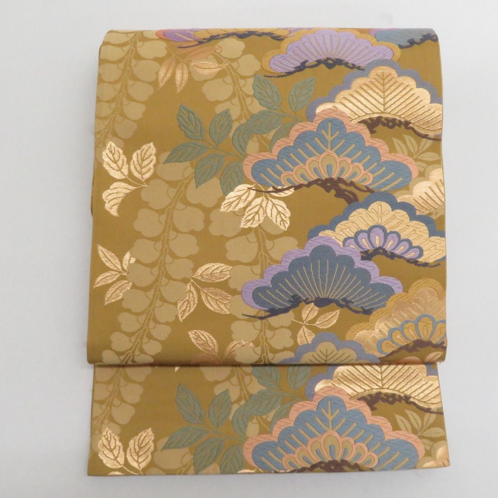 袋帯 正絹 唐織調 辛子色x金色x紫色x多色 松に藤紋様 金糸 六通柄